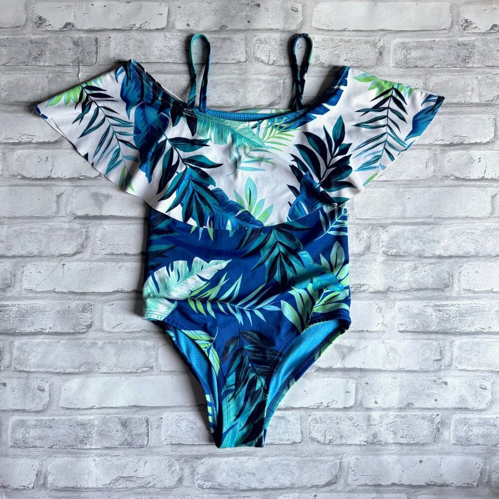 PEYTON & PARKER | Girl's Bathing Suit Blue Green White Floral Tropical Ruffle